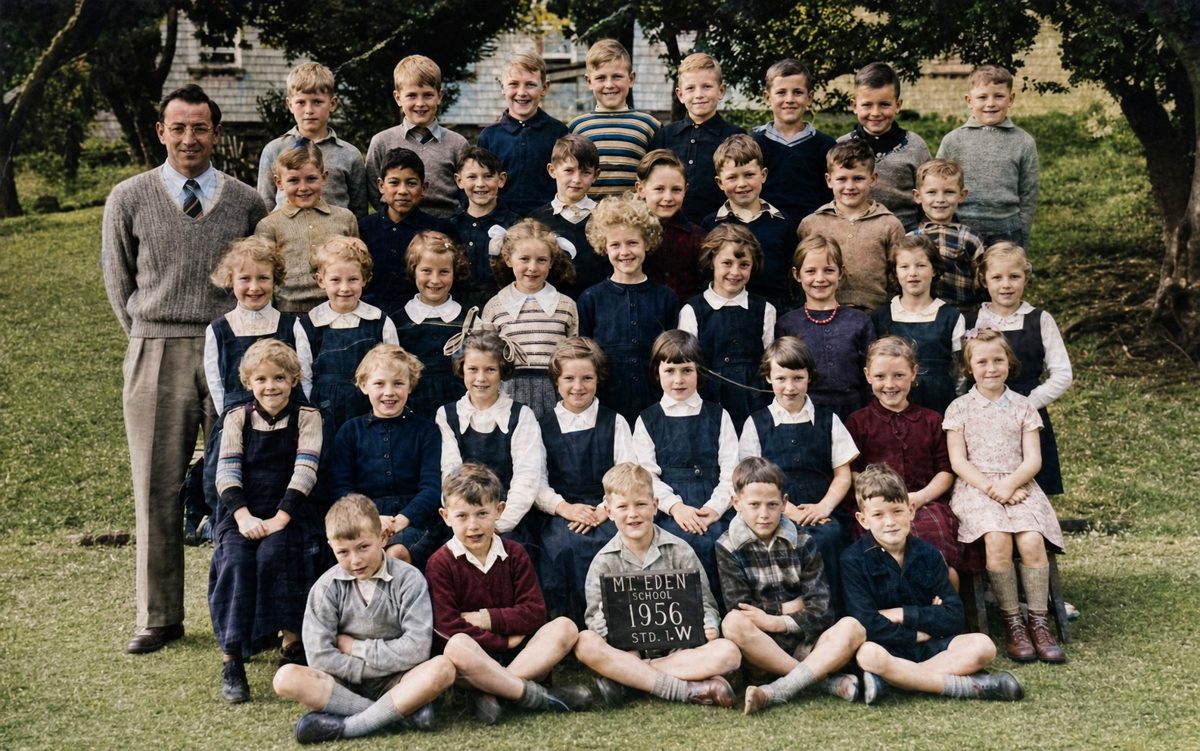 The same class photo restored, in colour